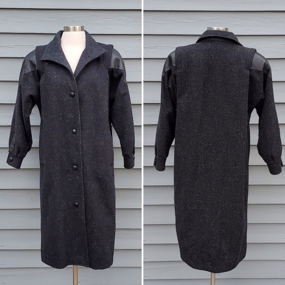 Vintage 80s Retro Preppy Acadamia Black Gray Wool Blend Leather Trim Trench - Picture 1 of 8